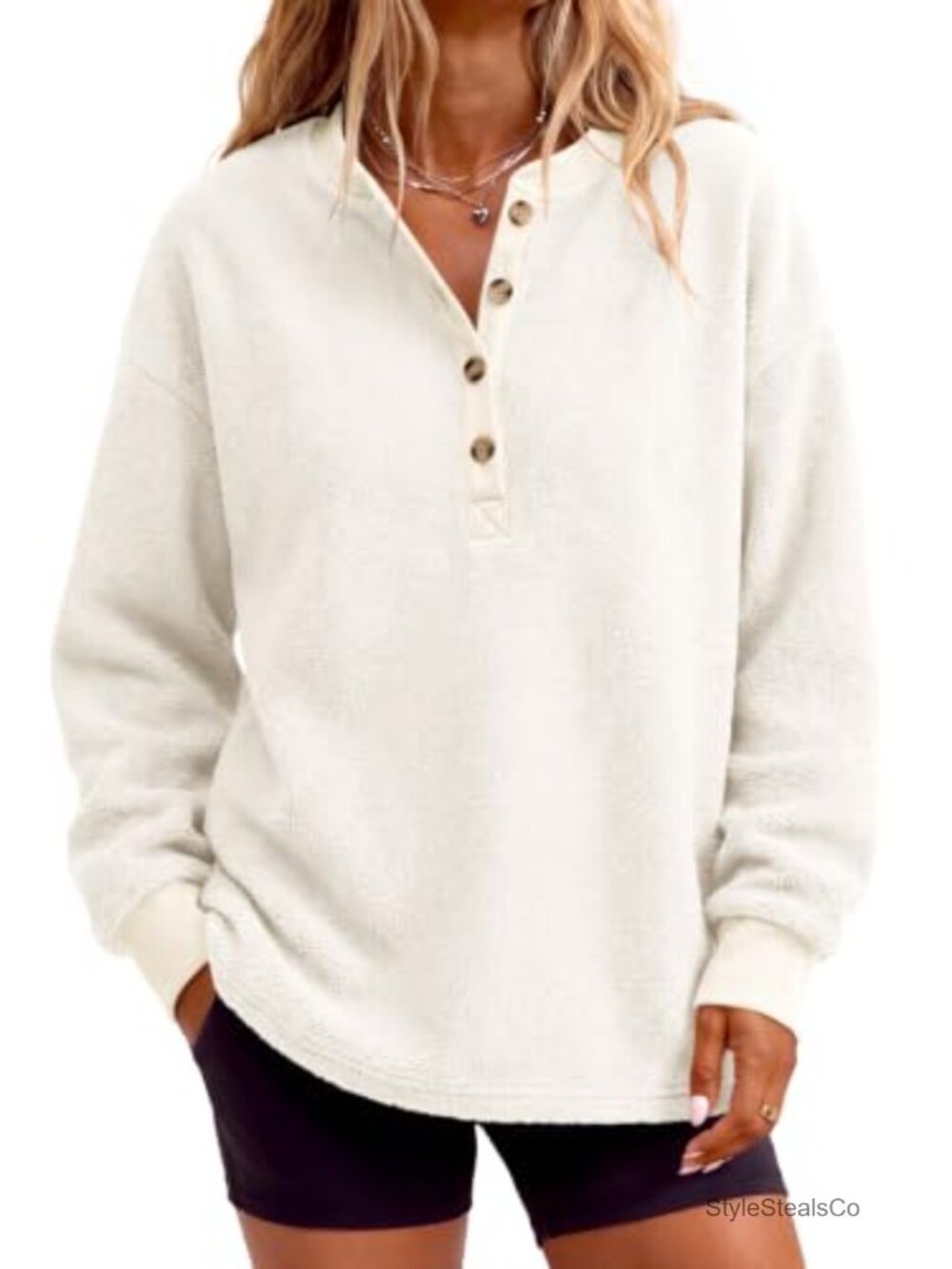 Fleece Pullover Sherpa Fuzzy Button Up Sweatshirt Loose Fit